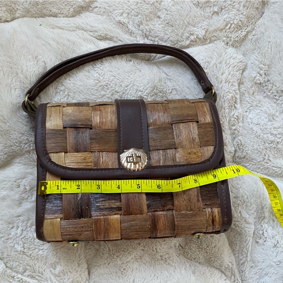 Woven Wood & Leather Brown Vintage Purse with Burlap Linen Lining EUC - Picture 4 of 10